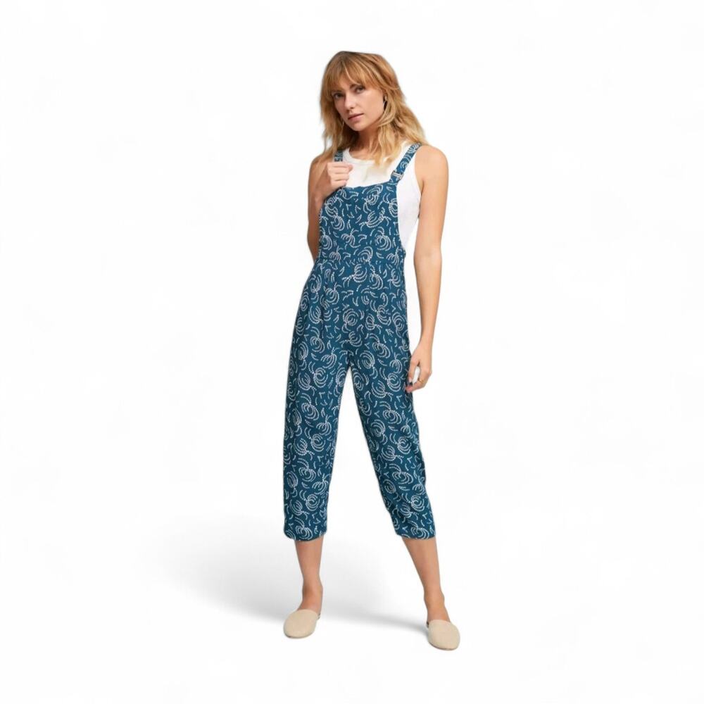 Maeve Anthropologie Blue Tidal Pools Cropped Jumpsuit Overalls, Size Medium